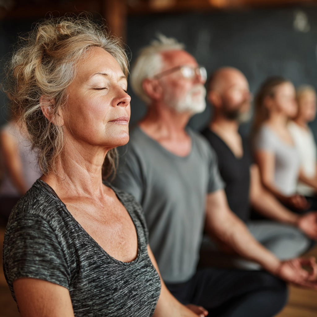Group of diverse adults aged 40-55 practicing yoga together in peaceful studio environment