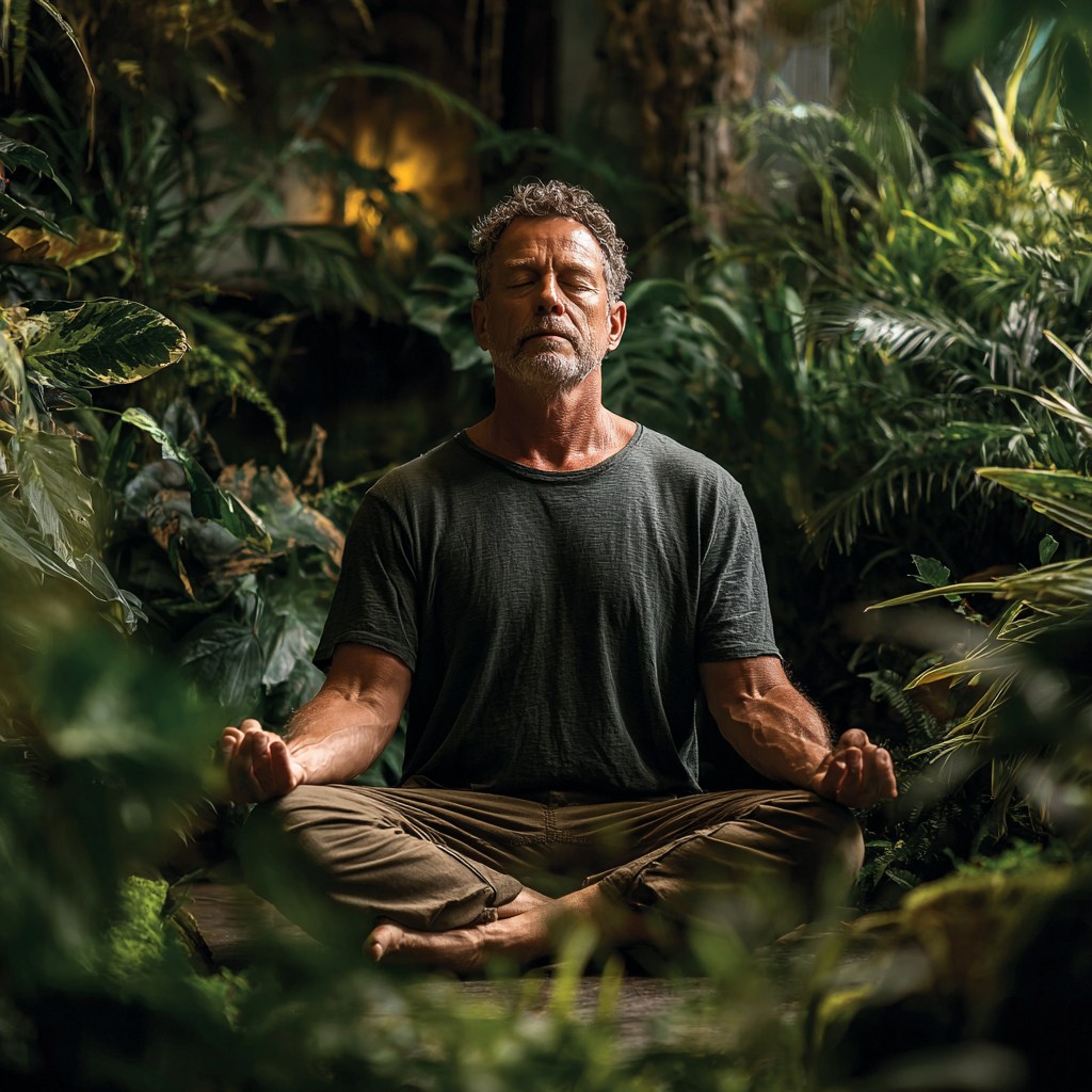 Mature man in his 50s meditating peacefully in lotus position surrounded by natural elements