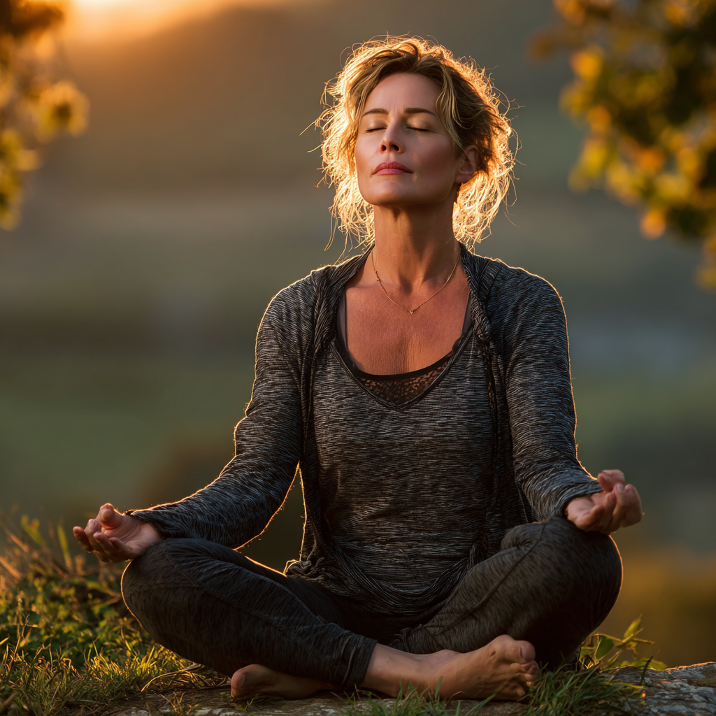 Peaceful middle-aged woman in her 40s practicing yoga meditation pose outdoors in natural setting